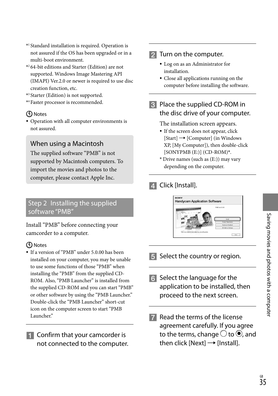 When using a macintosh, Step 2 installing the supplied software “pmb, Turn on the computer | Sony XR150E User Manual | Page 35 / 76