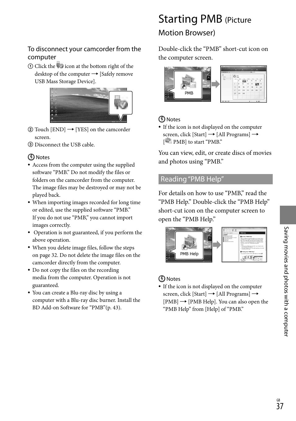 Starting pmb (picture motion browser), Starting pmb, Picture motion browser) | Reading “pmb help | Sony XR150E User Manual | Page 37 / 76