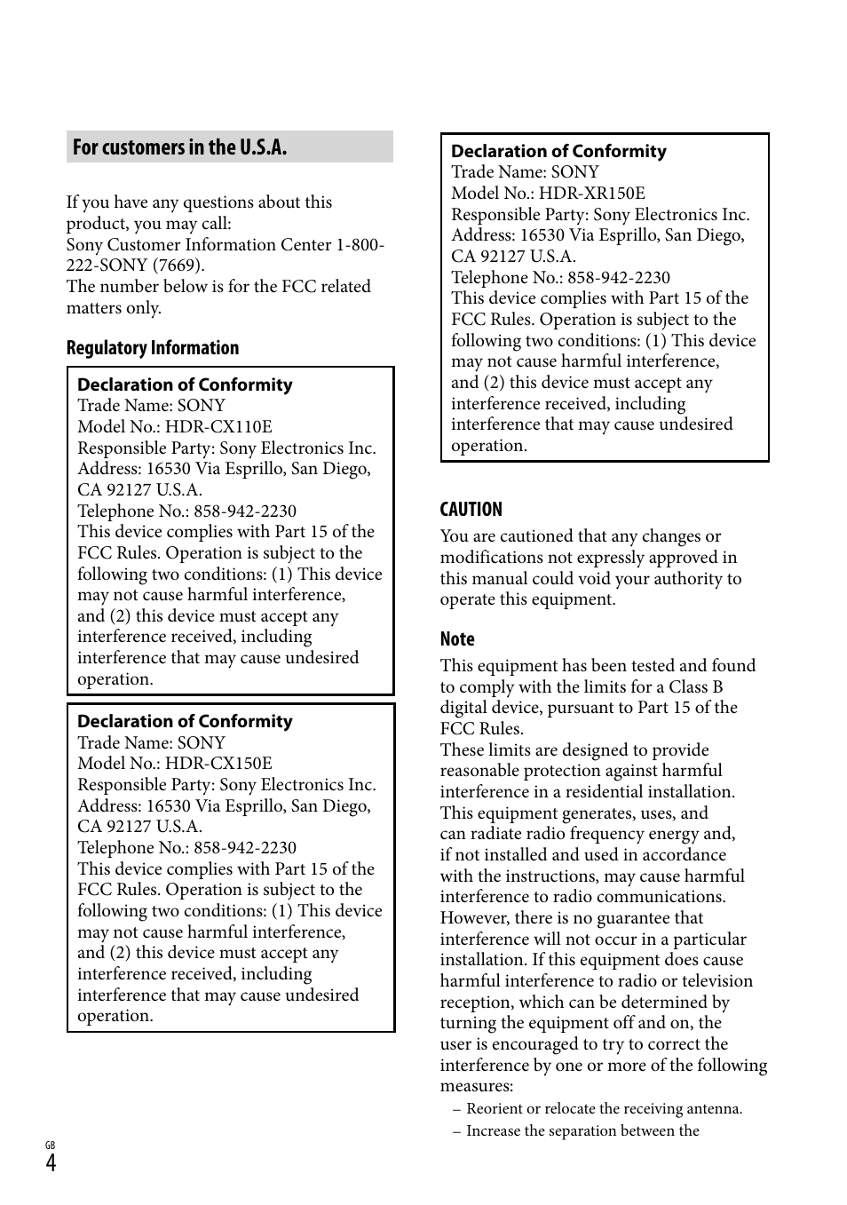 For customers in the u.s.a | Sony XR150E User Manual | Page 4 / 76