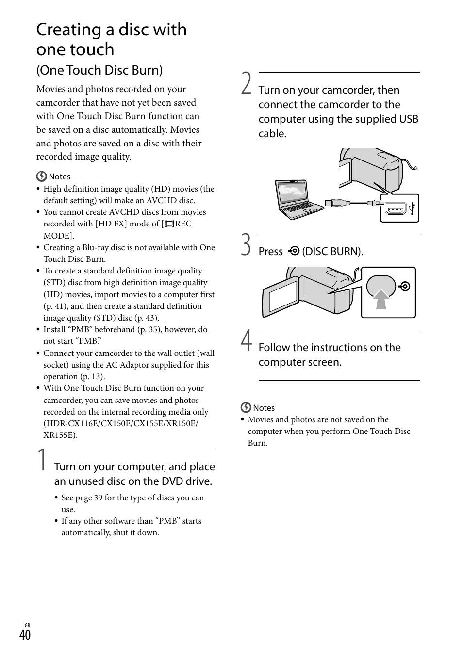 Creating a disc with one touch, One touch disc burn) | Sony XR150E User Manual | Page 40 / 76