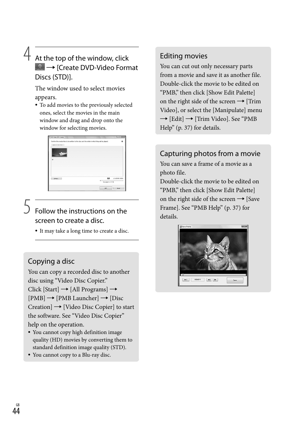 Copying a disc, Editing movies, Capturing photos from a movie | Sony XR150E User Manual | Page 44 / 76