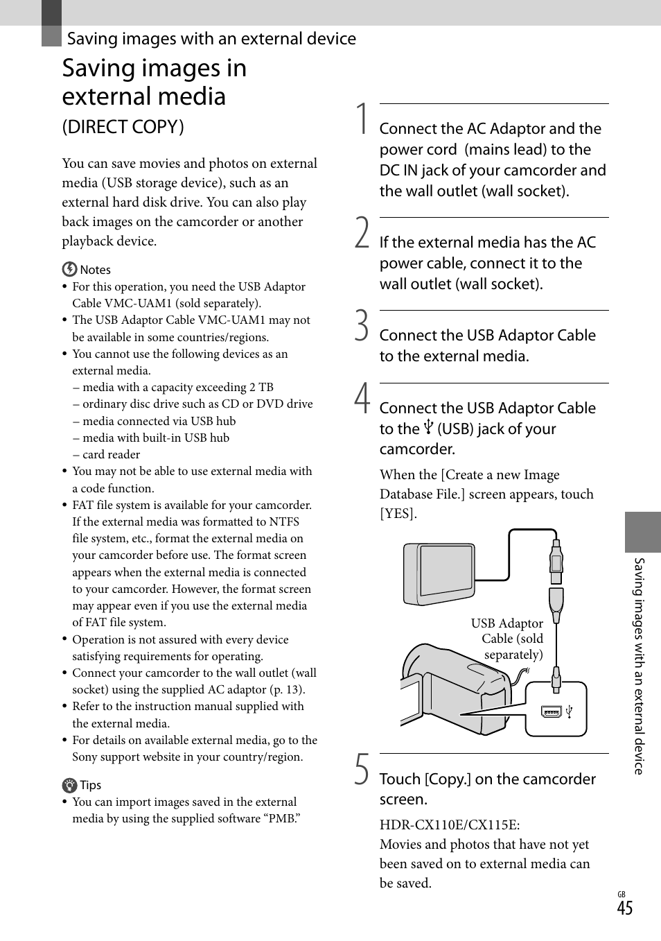 Saving images with an external device, Saving images in external media (direct copy), Saving images in external media | Direct copy) | Sony XR150E User Manual | Page 45 / 76