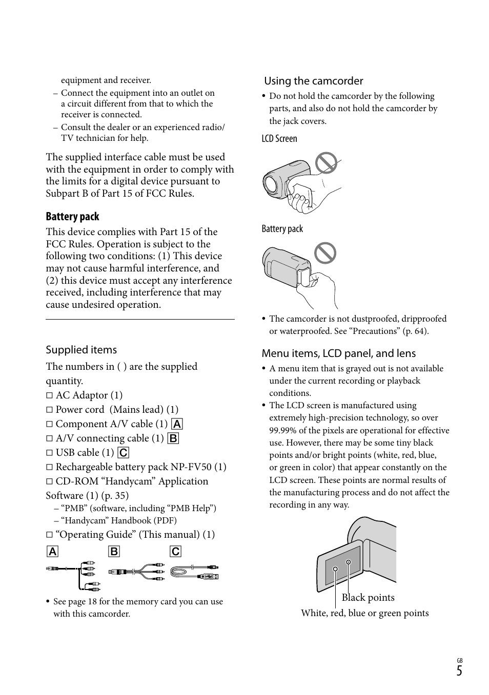 Battery pack, Supplied items, Using the camcorder | Menu items, lcd panel, and lens | Sony XR150E User Manual | Page 5 / 76