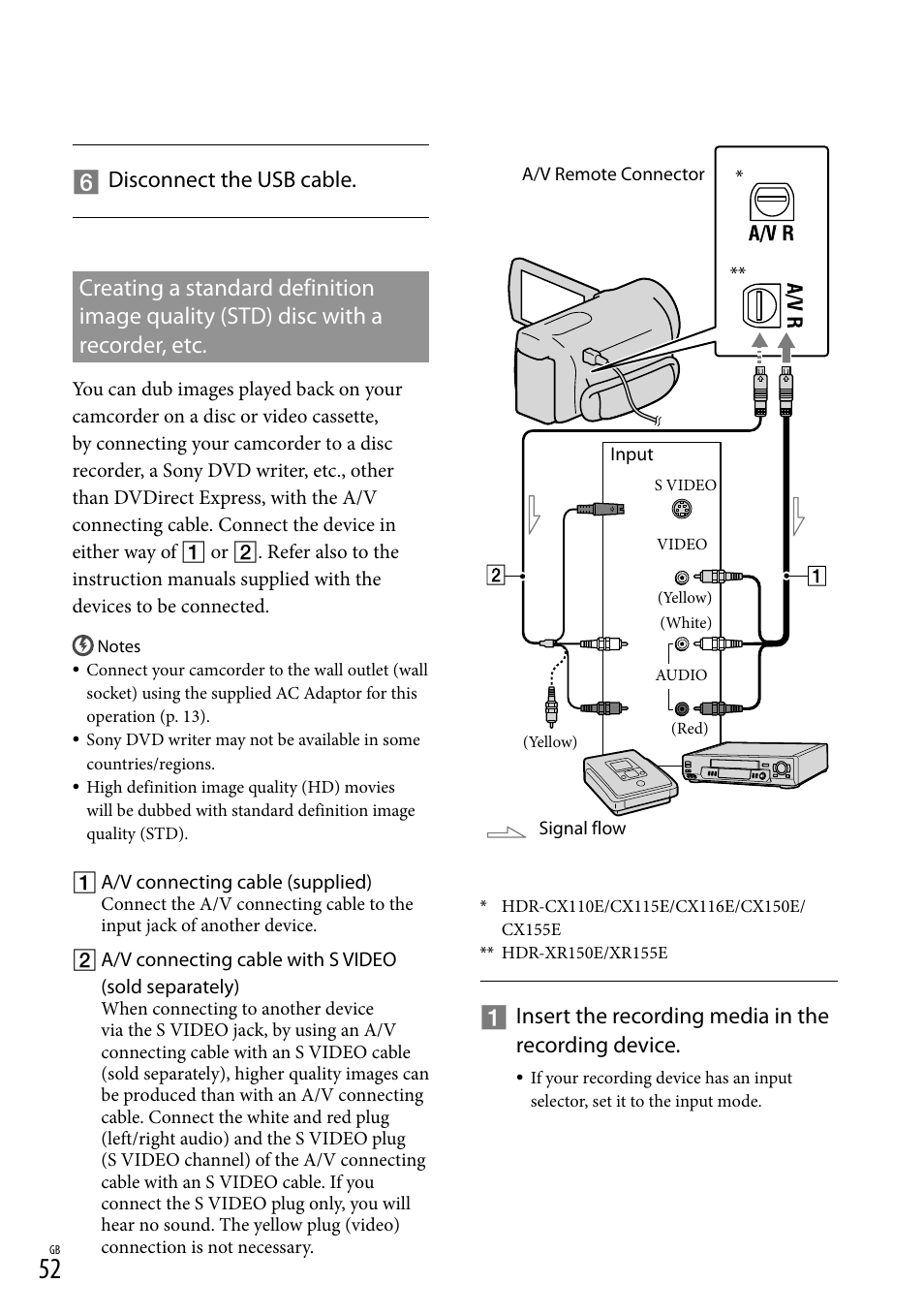 Insert the recording media in the recording device, Disconnect the usb cable | Sony XR150E User Manual | Page 52 / 76