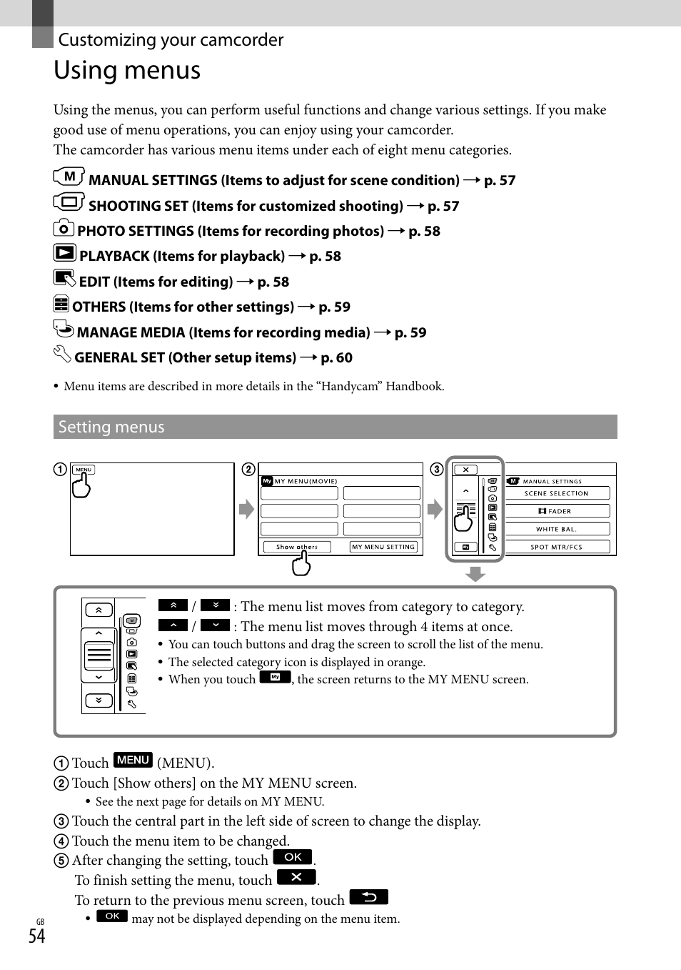 Customizing your camcorder, Using menus, Setting menus | Sony XR150E User Manual | Page 54 / 76