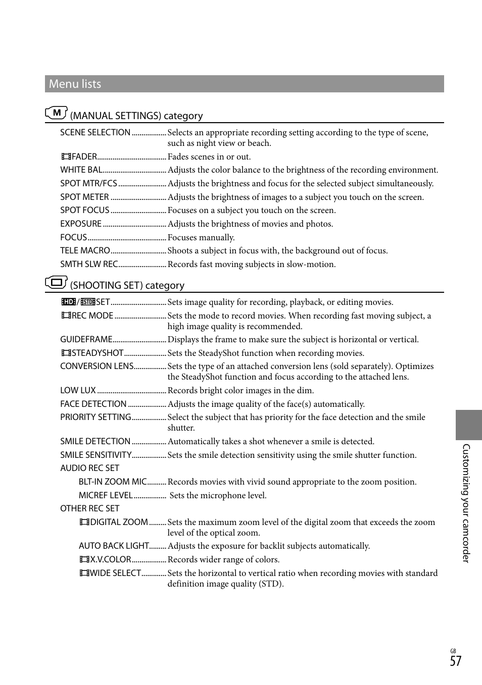Menu lists | Sony XR150E User Manual | Page 57 / 76
