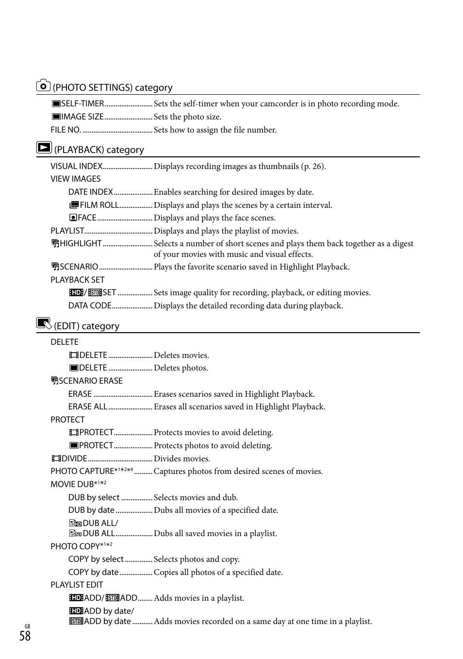 Photo settings) category, Playback) category, Edit) category | Sony XR150E User Manual | Page 58 / 76