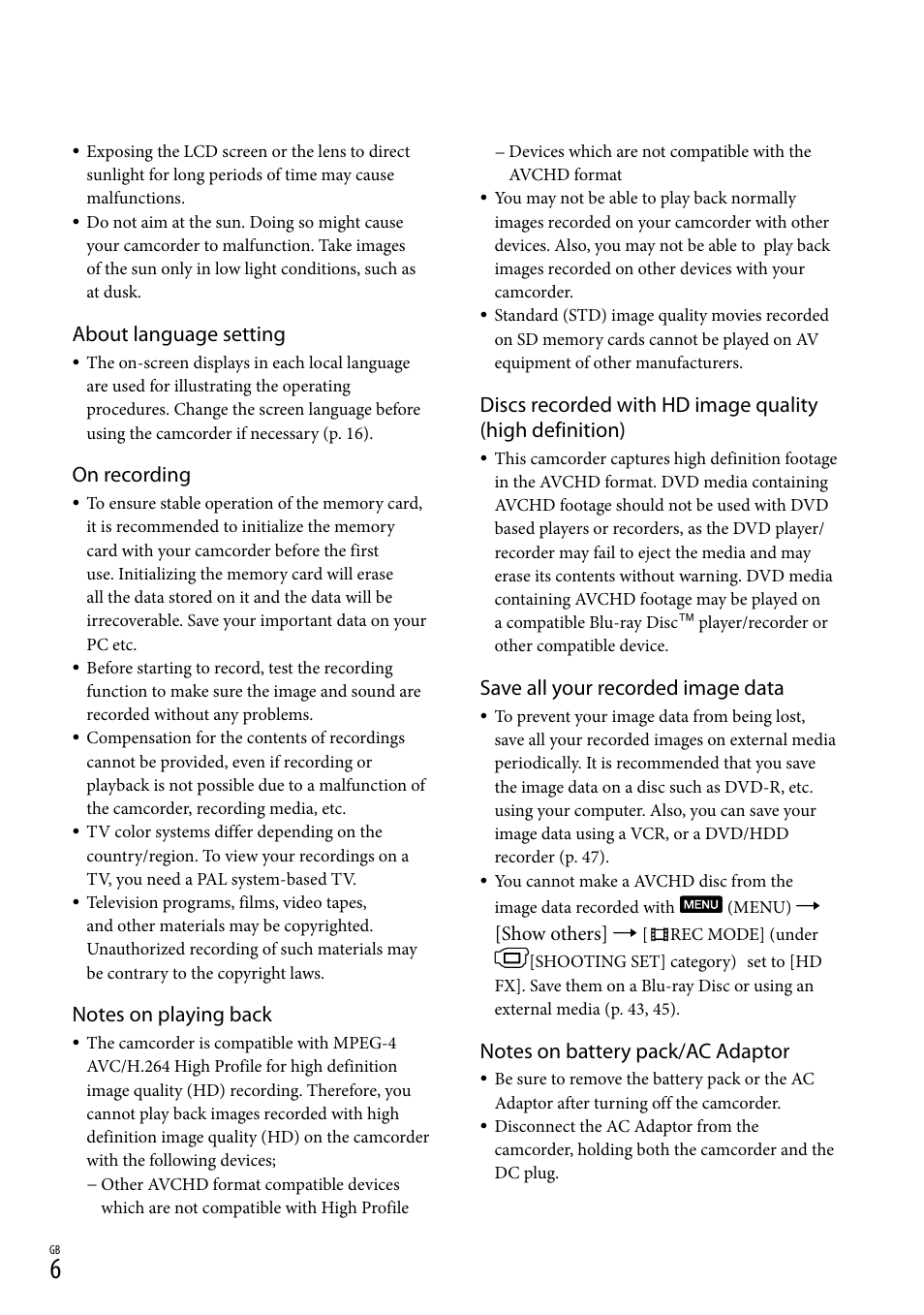 About language setting, On recording, Save all your recorded image data | Sony XR150E User Manual | Page 6 / 76