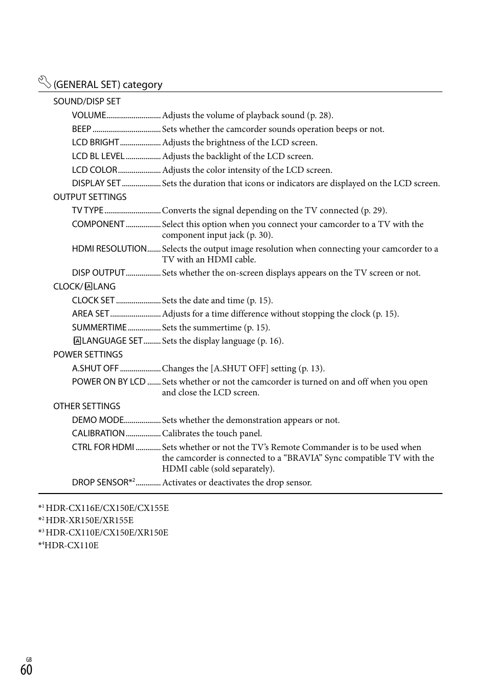 General set) category | Sony XR150E User Manual | Page 60 / 76