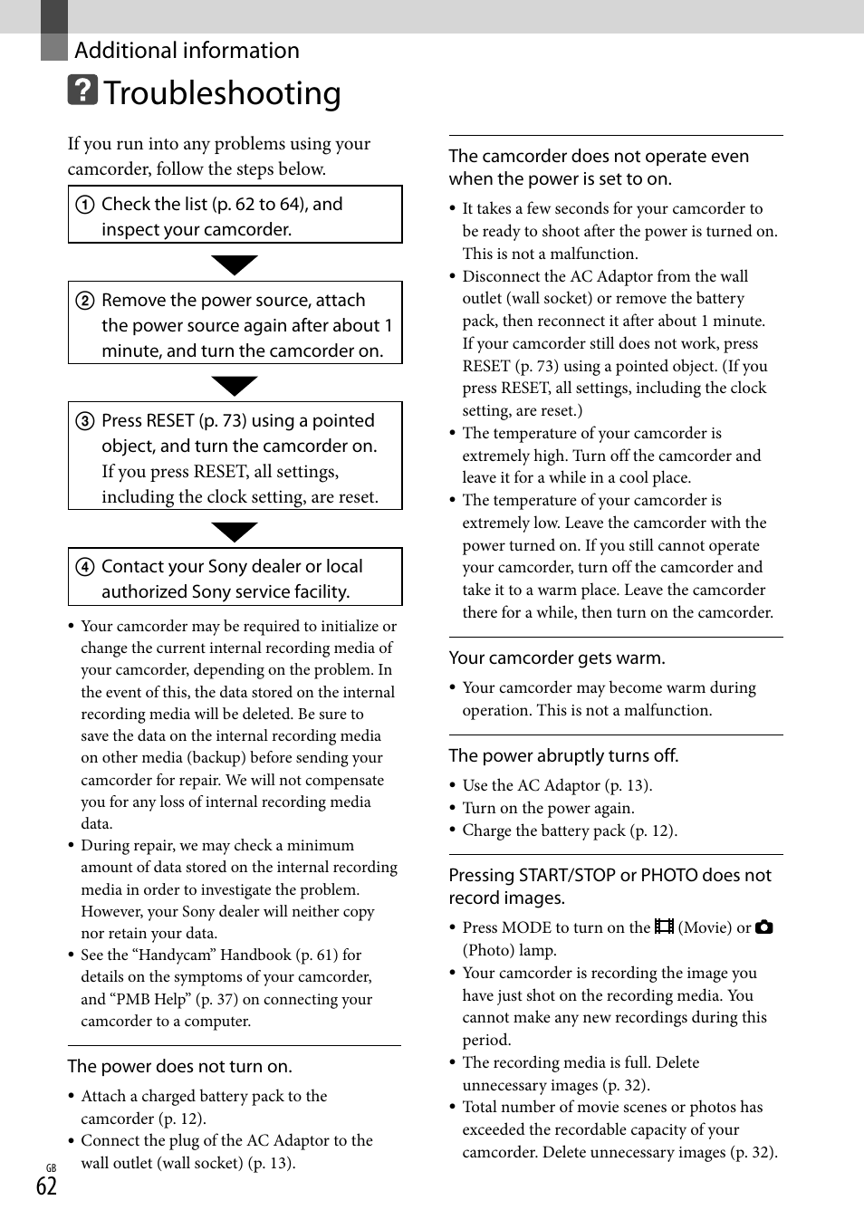 Additional information, Troubleshooting | Sony XR150E User Manual | Page 62 / 76