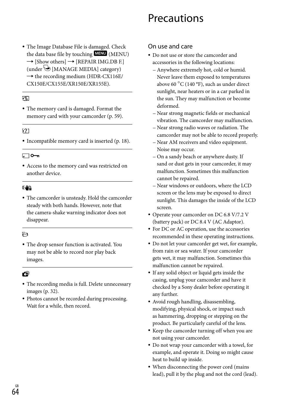 Precautions, O 64), and, On use and care | Sony XR150E User Manual | Page 64 / 76