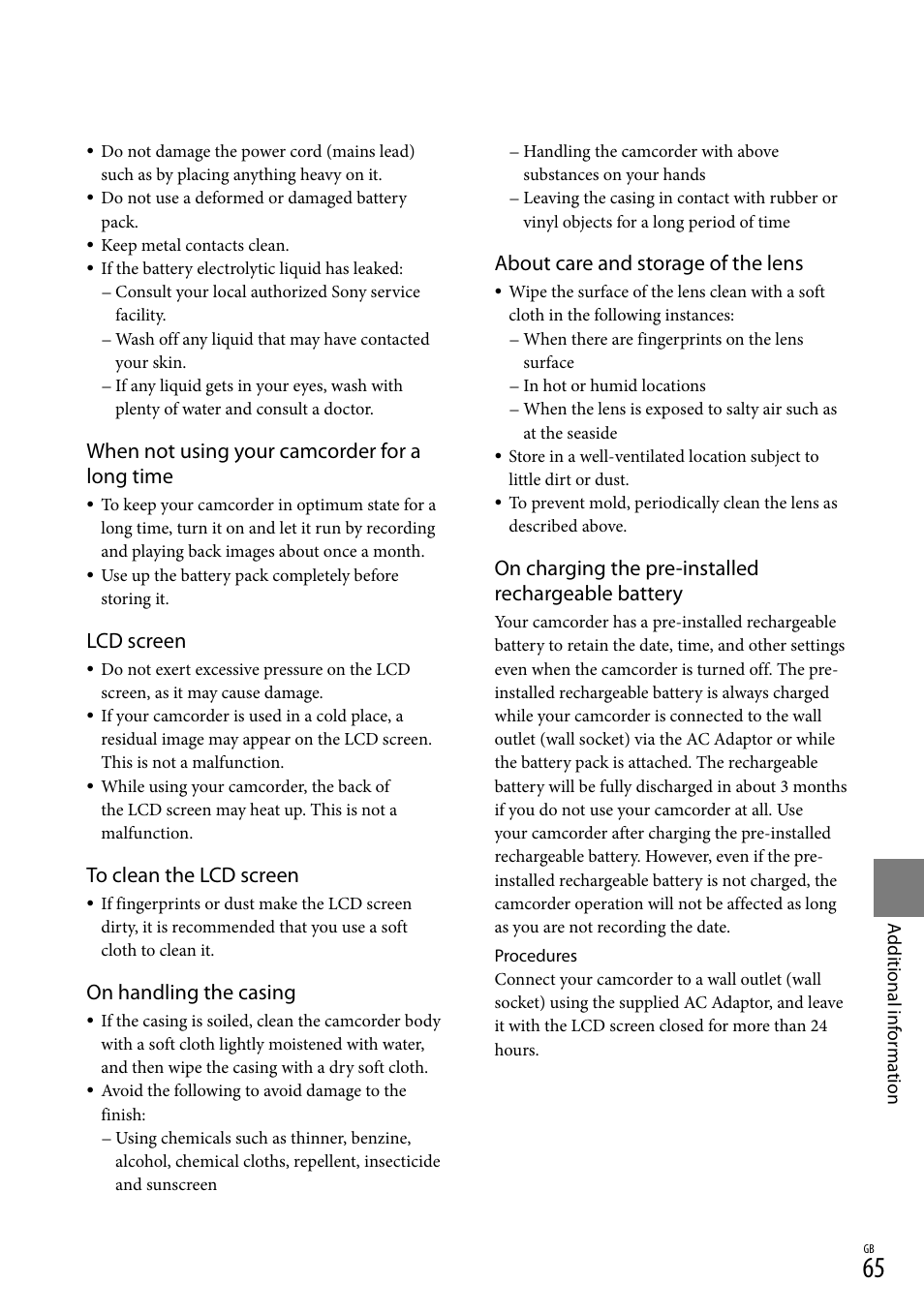 About care and storage of the lens, On charging the pre-installed rechargeable battery, When not using your camcorder for a long time | Lcd screen, On handling the casing | Sony XR150E User Manual | Page 65 / 76