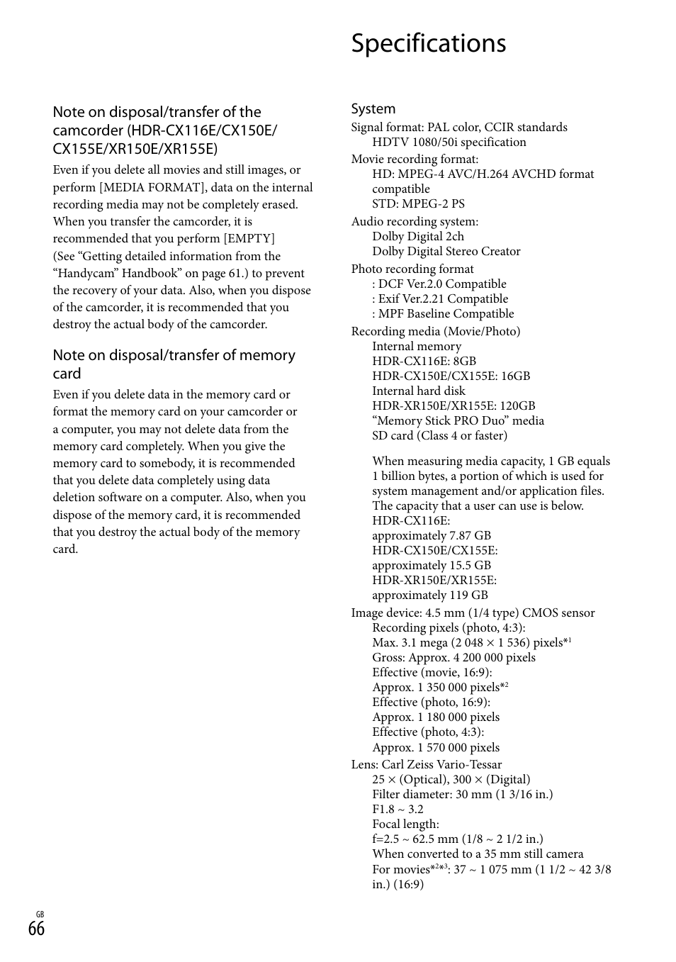 Specifications | Sony XR150E User Manual | Page 66 / 76