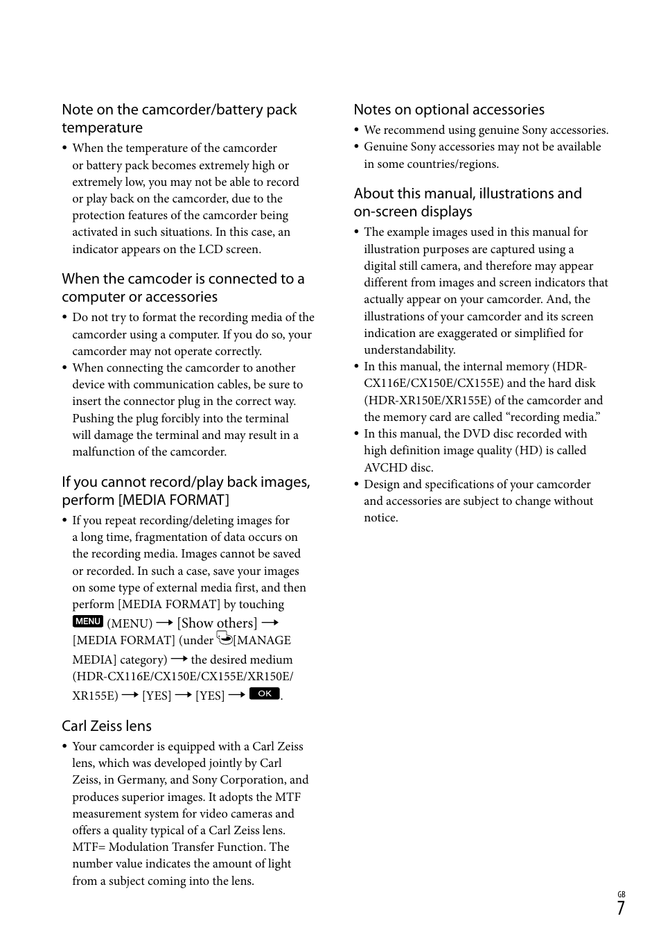 Carl zeiss lens | Sony XR150E User Manual | Page 7 / 76