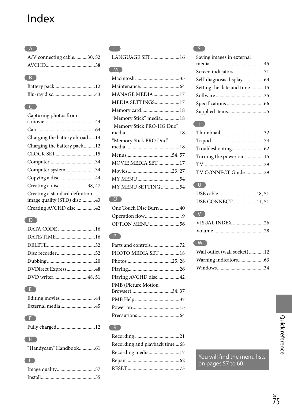Index | Sony XR150E User Manual | Page 75 / 76