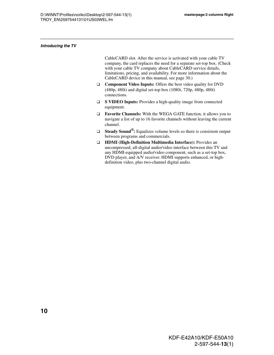 Sony GRAND WEGA KDF-E50A10 User Manual | Page 10 / 97