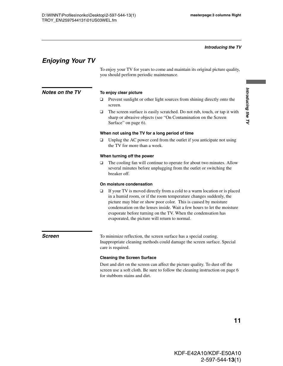 Enjoying your tv, Notes on the tv, Screen | Notes on the tv screen | Sony GRAND WEGA KDF-E50A10 User Manual | Page 11 / 97