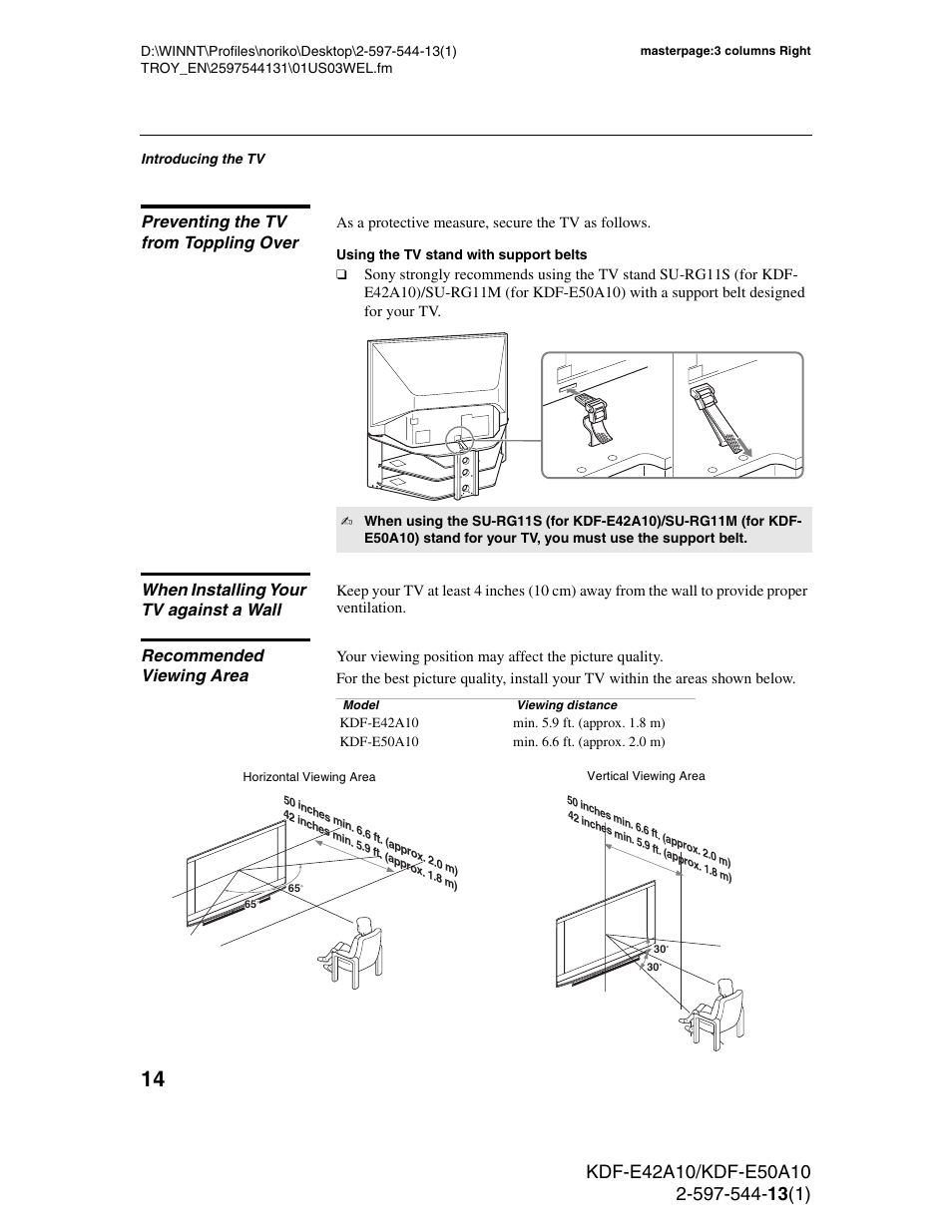 Preventing the tv from toppling over, When installing your tv against a wall, Recommended viewing area | Sony GRAND WEGA KDF-E50A10 User Manual | Page 14 / 97