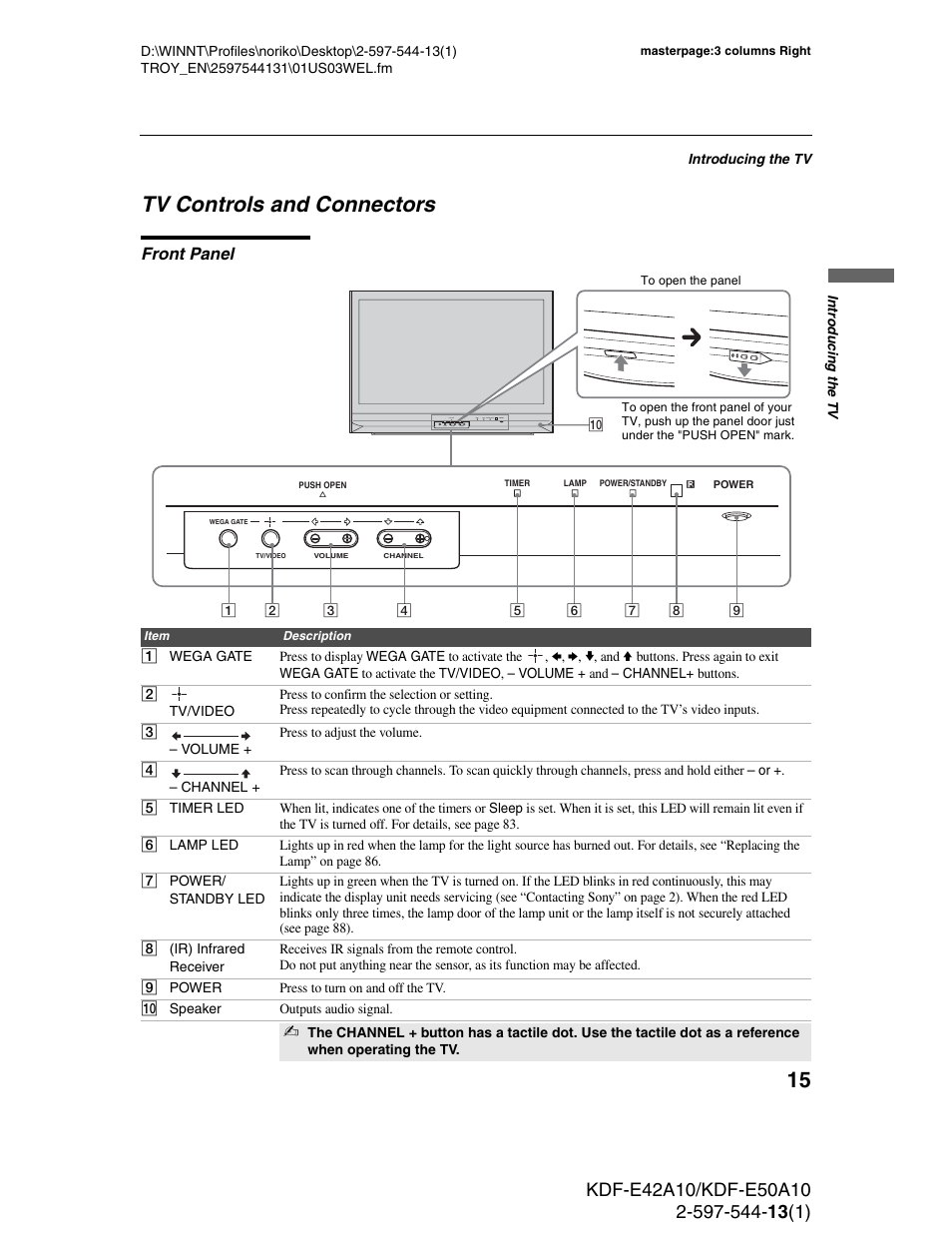 Tv controls and connectors, Front panel | Sony GRAND WEGA KDF-E50A10 User Manual | Page 15 / 97