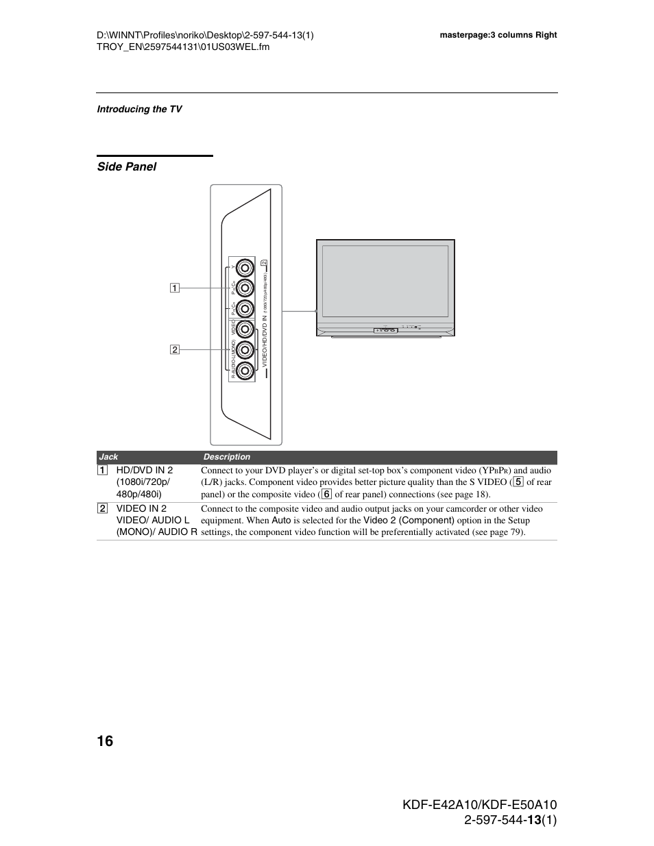 Side panel | Sony GRAND WEGA KDF-E50A10 User Manual | Page 16 / 97