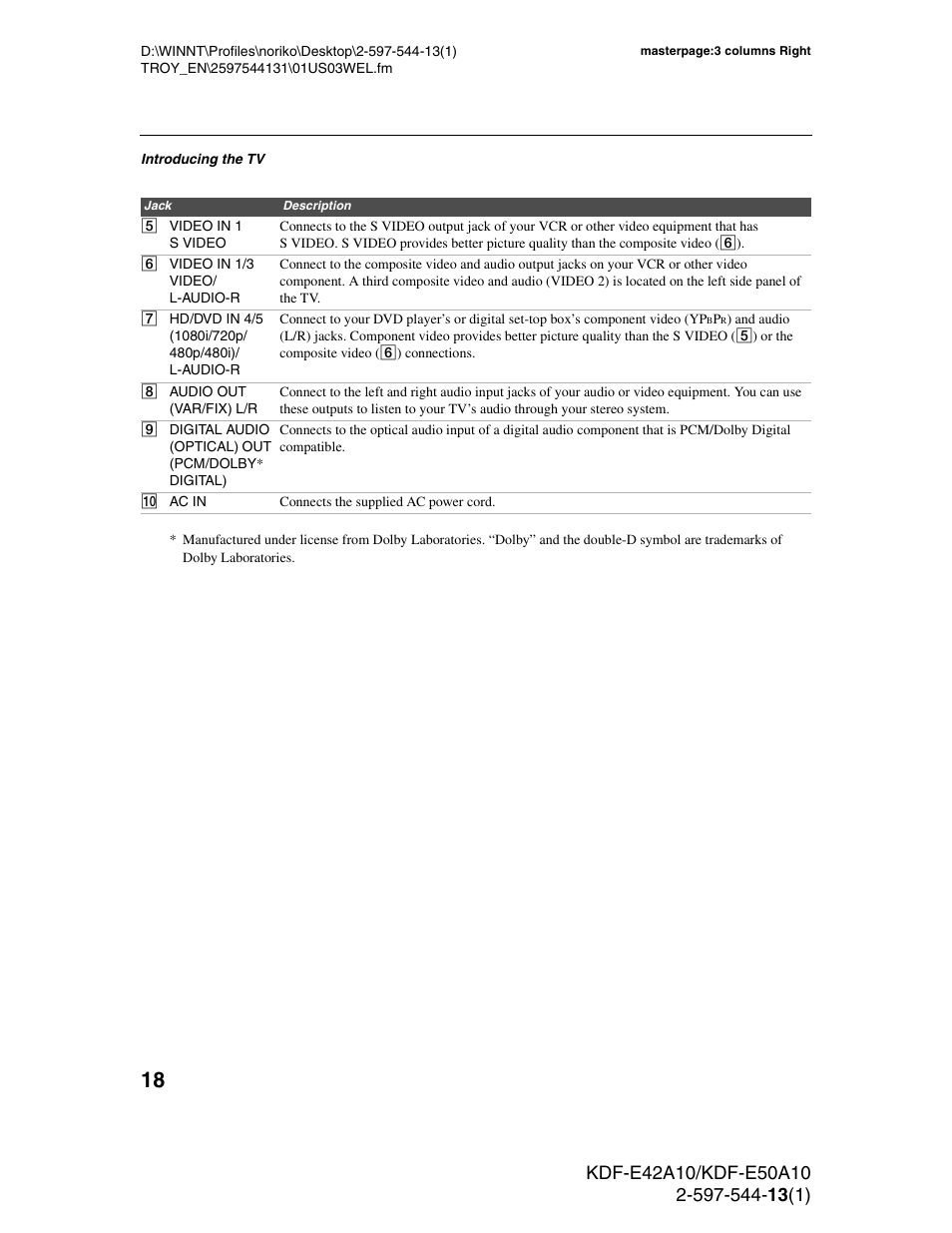 Sony GRAND WEGA KDF-E50A10 User Manual | Page 18 / 97