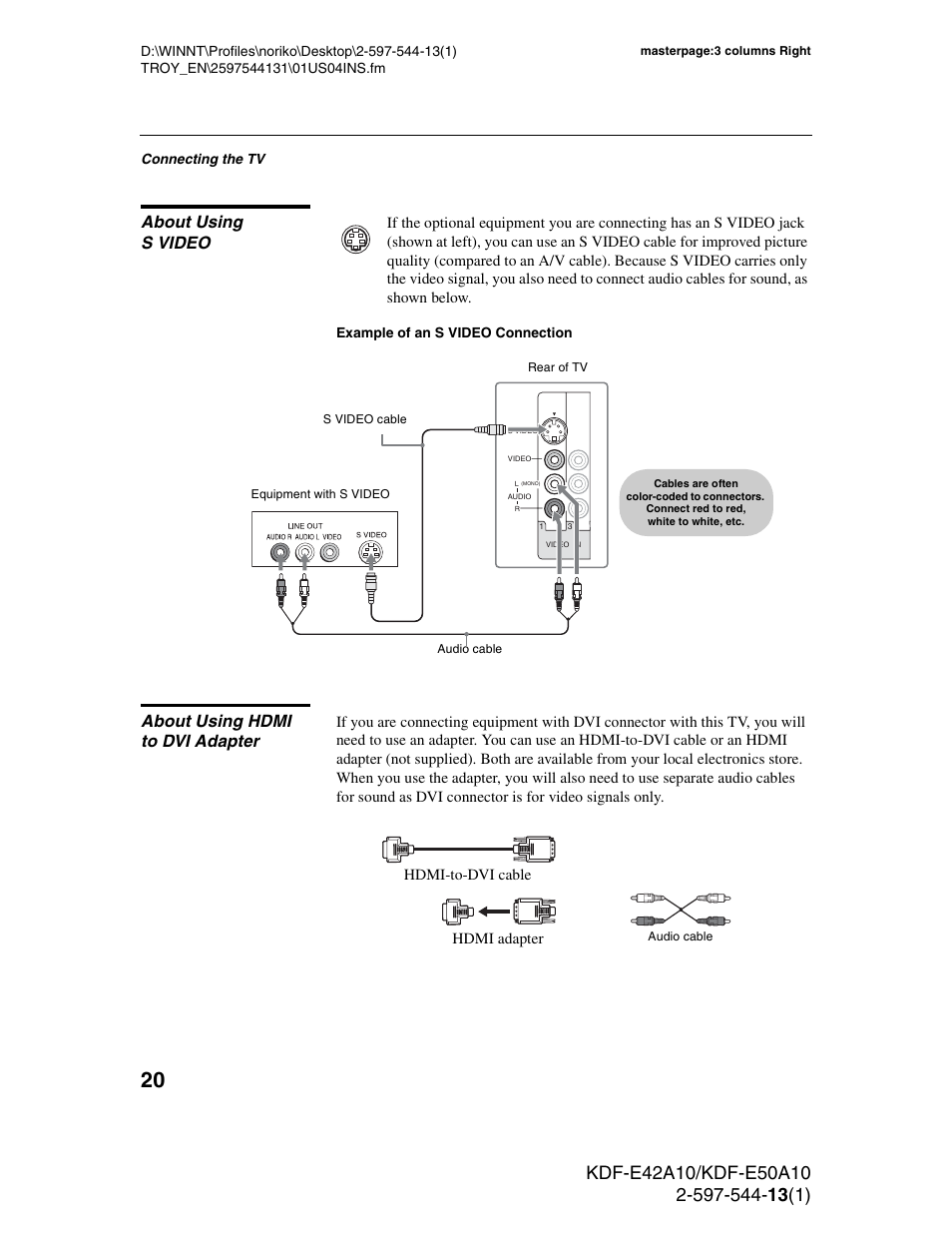 About using svideo, About using hdmi to dvi adapter, About using s video | Sony GRAND WEGA KDF-E50A10 User Manual | Page 20 / 97