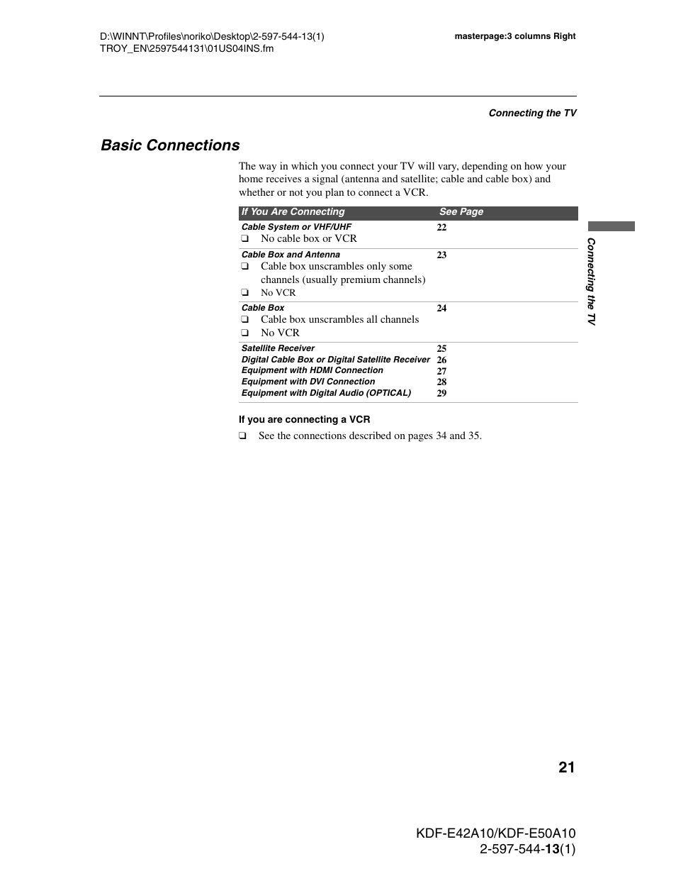 Basic connections | Sony GRAND WEGA KDF-E50A10 User Manual | Page 21 / 97