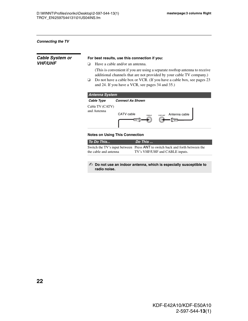 Cable system or vhf/uhf | Sony GRAND WEGA KDF-E50A10 User Manual | Page 22 / 97