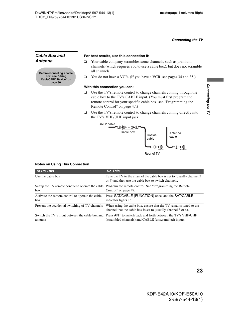 Cable box and antenna | Sony GRAND WEGA KDF-E50A10 User Manual | Page 23 / 97