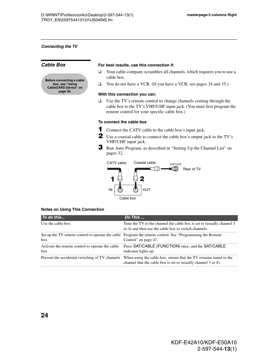 Cable box, D 24 | Sony GRAND WEGA KDF-E50A10 User Manual | Page 24 / 97