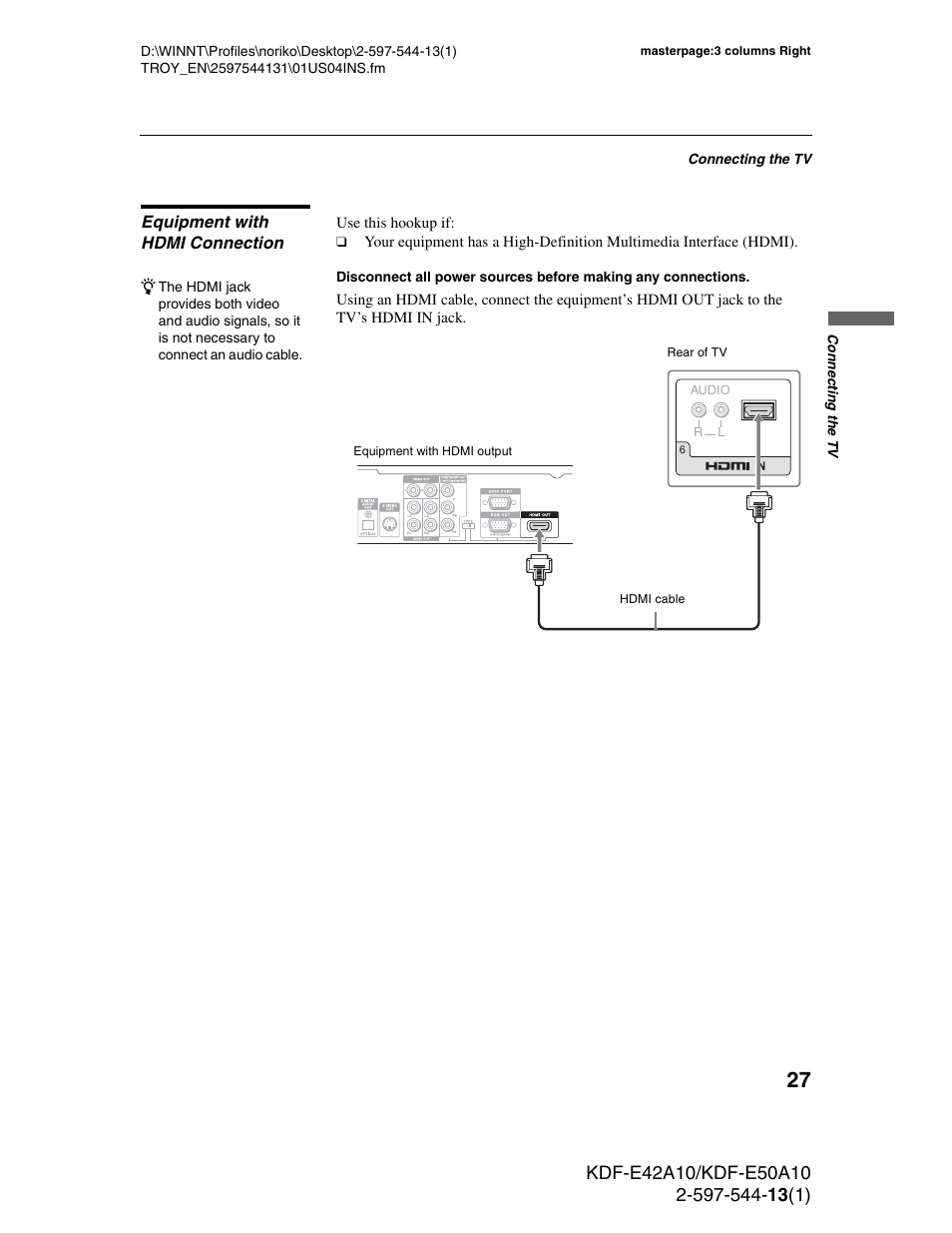 Equipment with hdmi connection | Sony GRAND WEGA KDF-E50A10 User Manual | Page 27 / 97