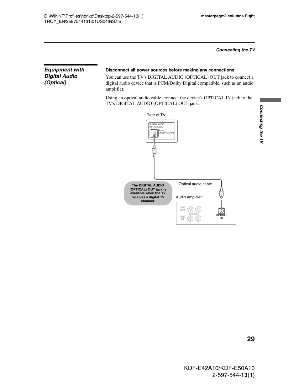 Equipment with digital audio (optical) | Sony GRAND WEGA KDF-E50A10 User Manual | Page 29 / 97