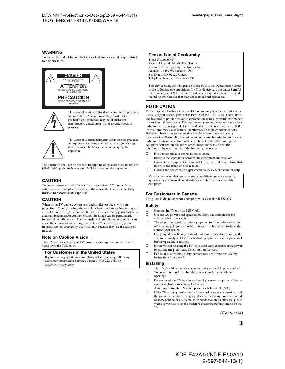 Attention, Precaucion, Continued) | Sony GRAND WEGA KDF-E50A10 User Manual | Page 3 / 97