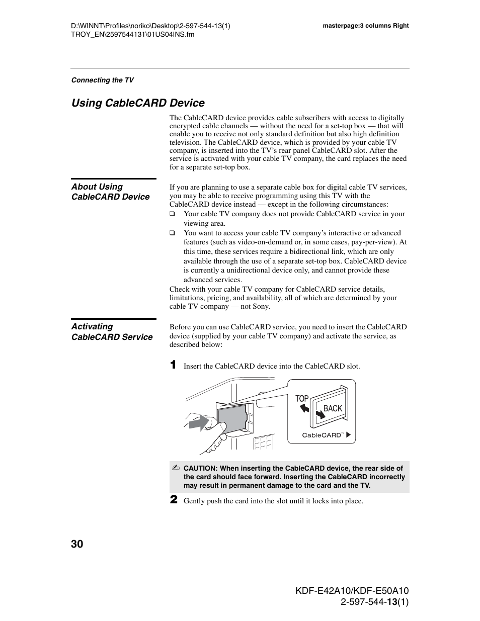 Using cablecard device, About using cablecard device, Activating cablecard service | See “using, Cablecard device” on | Sony GRAND WEGA KDF-E50A10 User Manual | Page 30 / 97