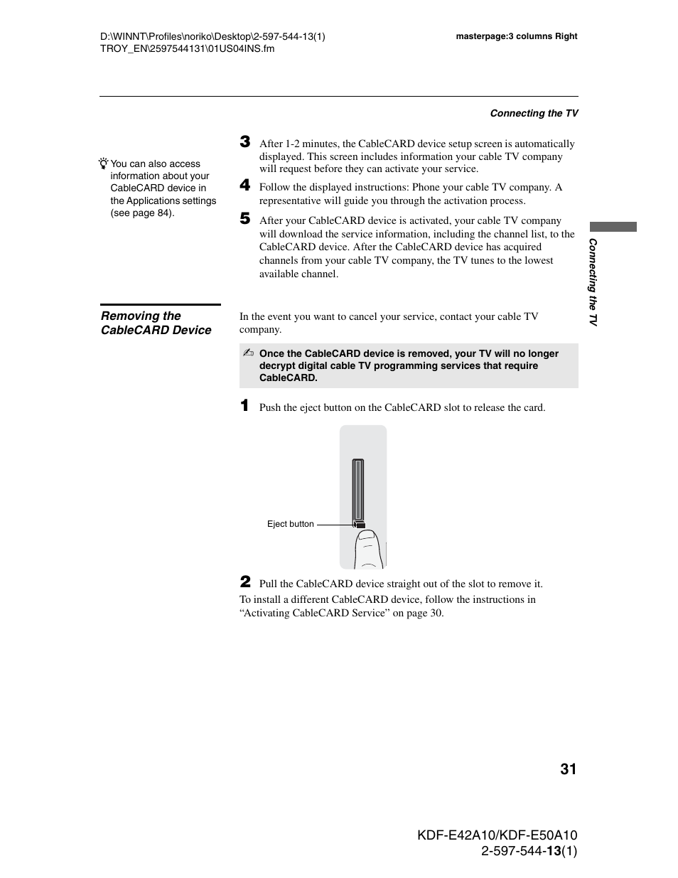 Removing the cablecard device | Sony GRAND WEGA KDF-E50A10 User Manual | Page 31 / 97