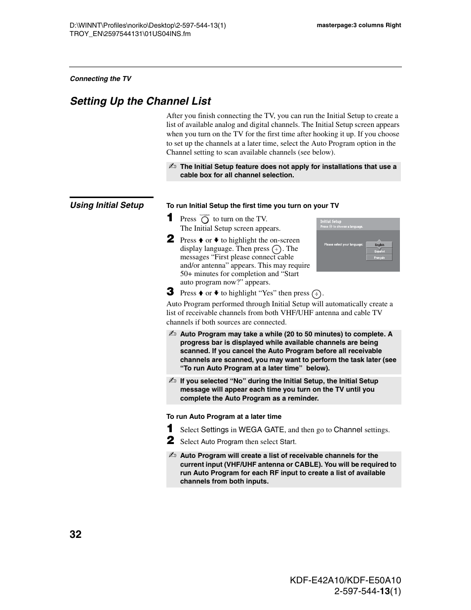 Setting up the channel list, Using initial setup | Sony GRAND WEGA KDF-E50A10 User Manual | Page 32 / 97