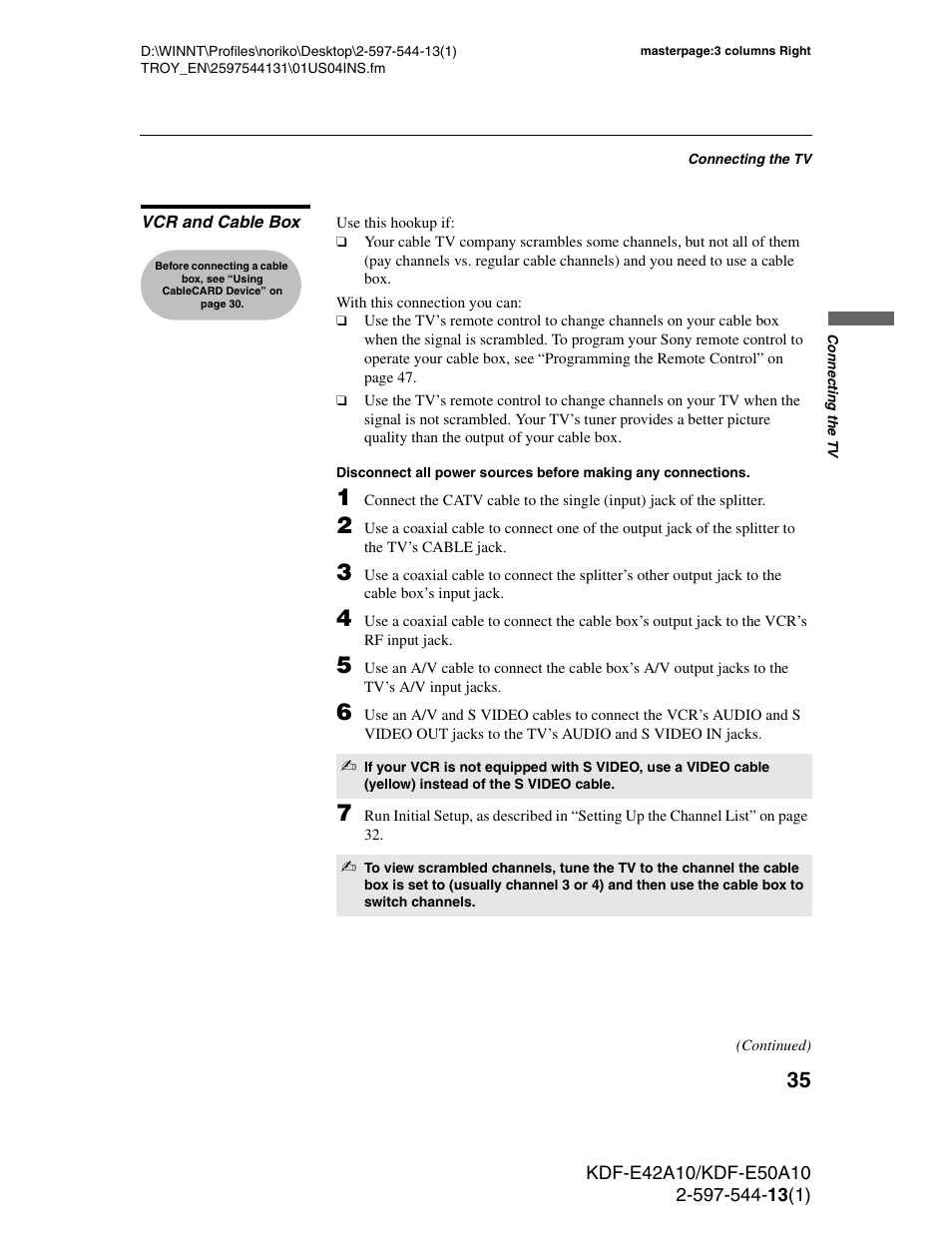 Vcr and cable box, D 35 | Sony GRAND WEGA KDF-E50A10 User Manual | Page 35 / 97