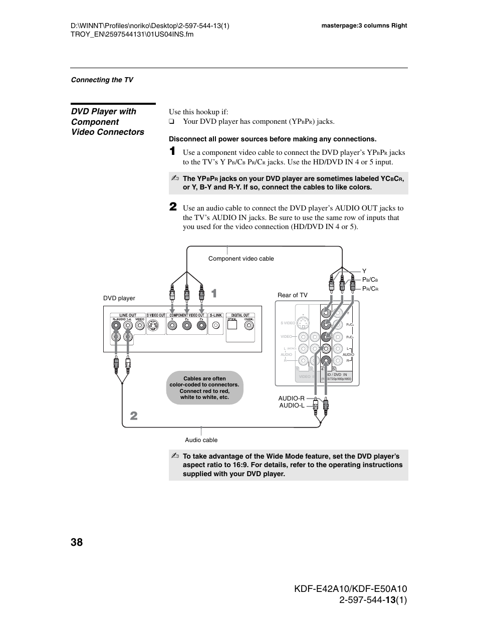 Dvd player with component video connectors, Use this hookup if, Your dvd player has component (yp | Jacks, Jacks to the tv’s y p, Jacks. use the hd/dvd in 4 or 5 input, Connecting the tv, The yp, Jacks on your dvd player are sometimes labeled yc | Sony GRAND WEGA KDF-E50A10 User Manual | Page 38 / 97