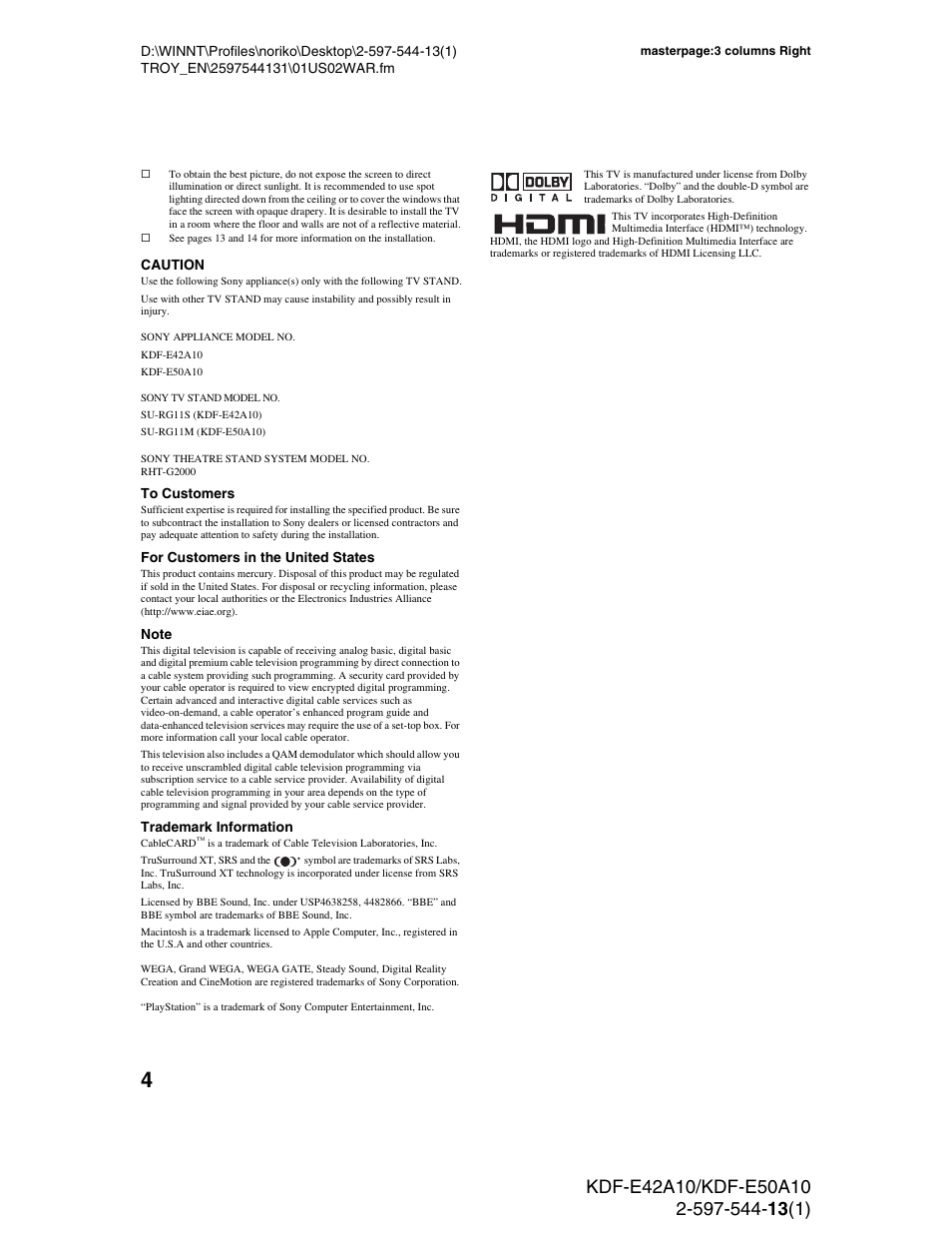 Sony GRAND WEGA KDF-E50A10 User Manual | Page 4 / 97