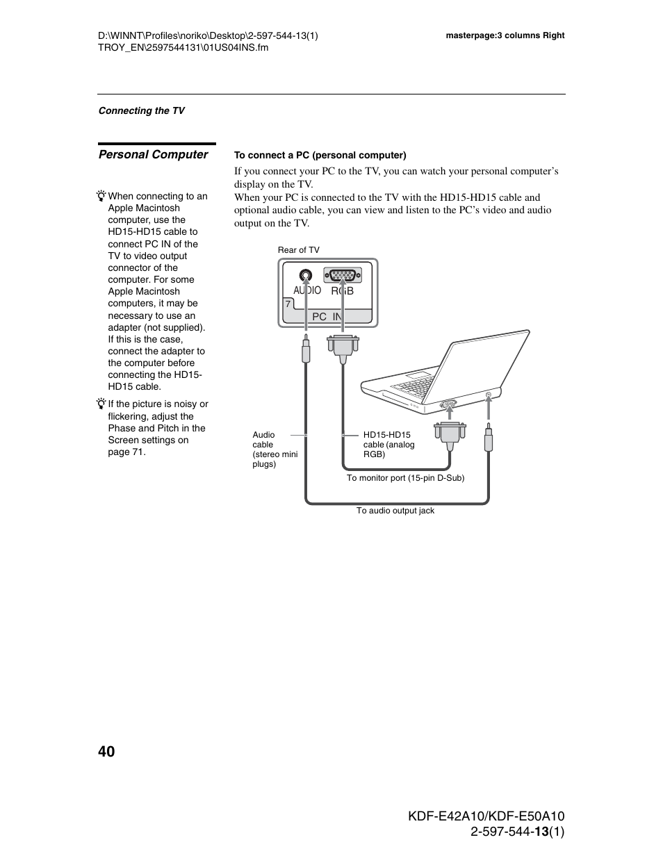 Personal computer | Sony GRAND WEGA KDF-E50A10 User Manual | Page 40 / 97