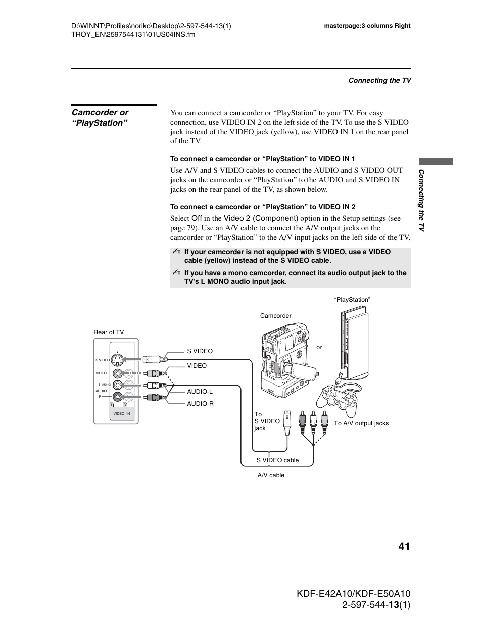 Camcorder or “playstation | Sony GRAND WEGA KDF-E50A10 User Manual | Page 41 / 97