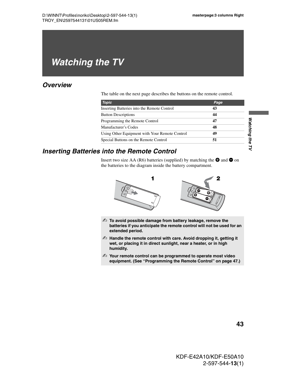 Watching the tv, Overview, Inserting batteries into the remote control | Sony GRAND WEGA KDF-E50A10 User Manual | Page 43 / 97