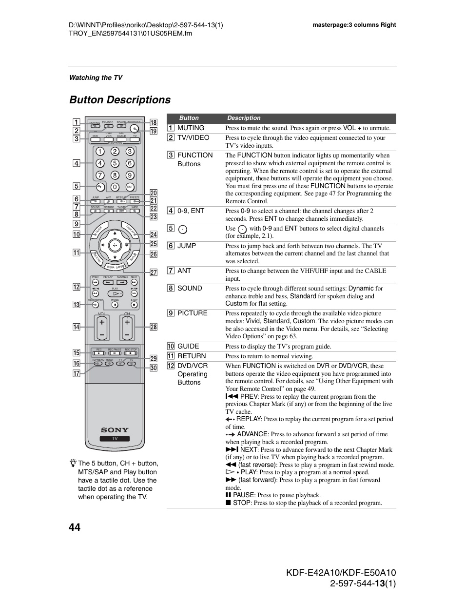 Button descriptions, Watching the tv | Sony GRAND WEGA KDF-E50A10 User Manual | Page 44 / 97