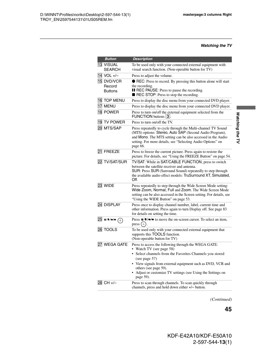 Sony GRAND WEGA KDF-E50A10 User Manual | Page 45 / 97