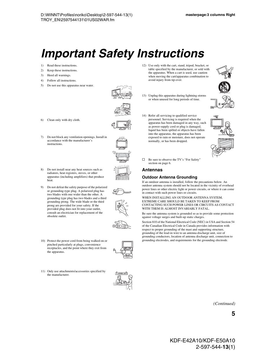 Important safety instructions | Sony GRAND WEGA KDF-E50A10 User Manual | Page 5 / 97