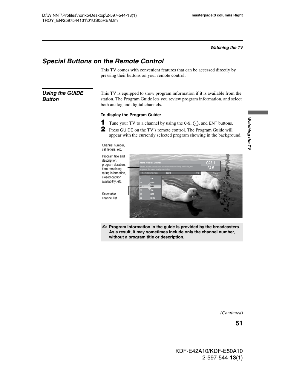 Special buttons on the remote control, Using the guide button | Sony GRAND WEGA KDF-E50A10 User Manual | Page 51 / 97