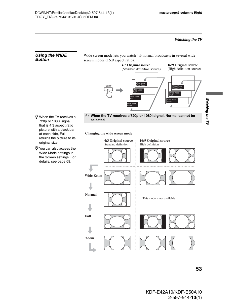 Using the wide button | Sony GRAND WEGA KDF-E50A10 User Manual | Page 53 / 97