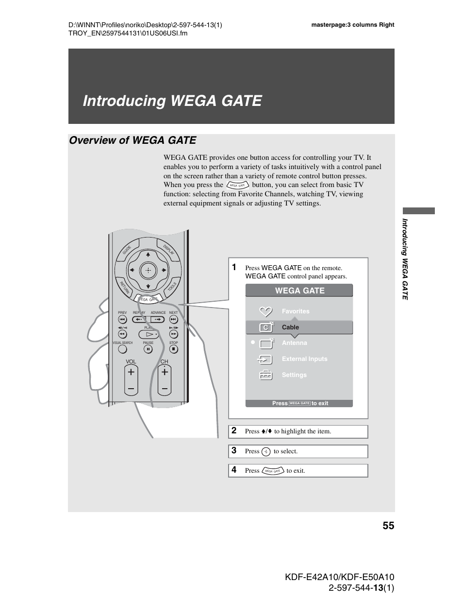 Introducing wega gate, Overview of wega gate, Wega gate | Sony GRAND WEGA KDF-E50A10 User Manual | Page 55 / 97