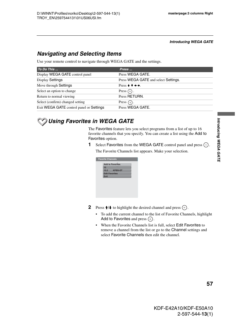 Navigating and selecting items, Using favorites in wega gate | Sony GRAND WEGA KDF-E50A10 User Manual | Page 57 / 97