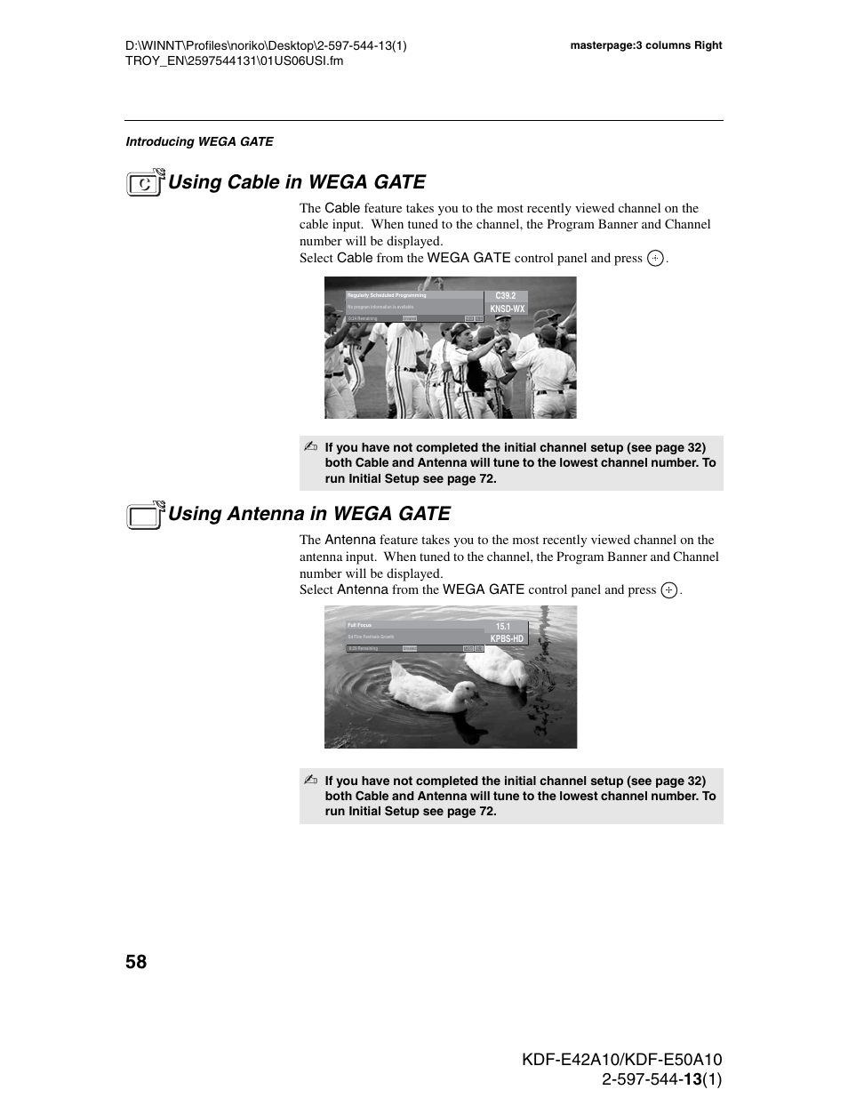 Using cable in wega gate, Using antenna in wega gate | Sony GRAND WEGA KDF-E50A10 User Manual | Page 58 / 97